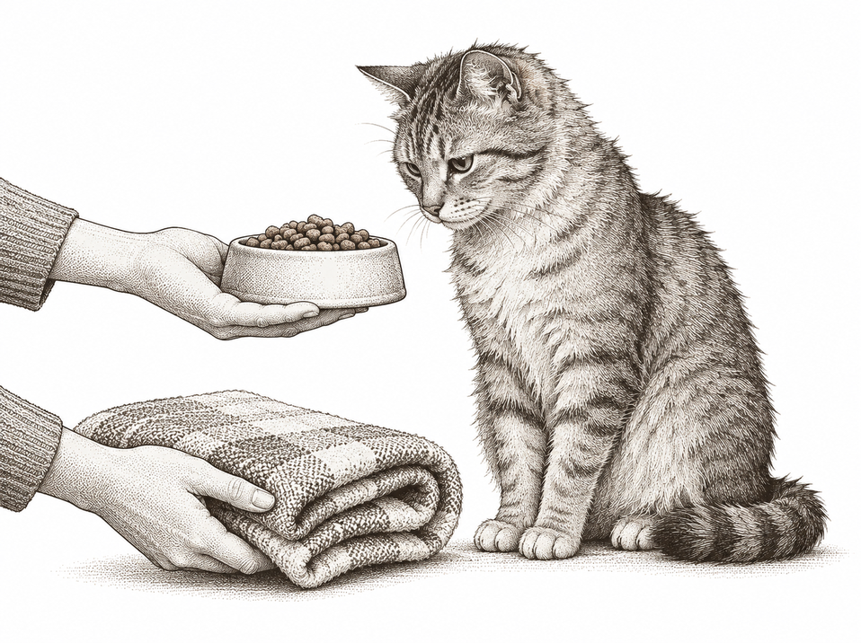 A slightly scruffy tabby cat sits calmly, looking at a bowl of food held out by a human hand, while a second hand sets down a folded blanket beside him.