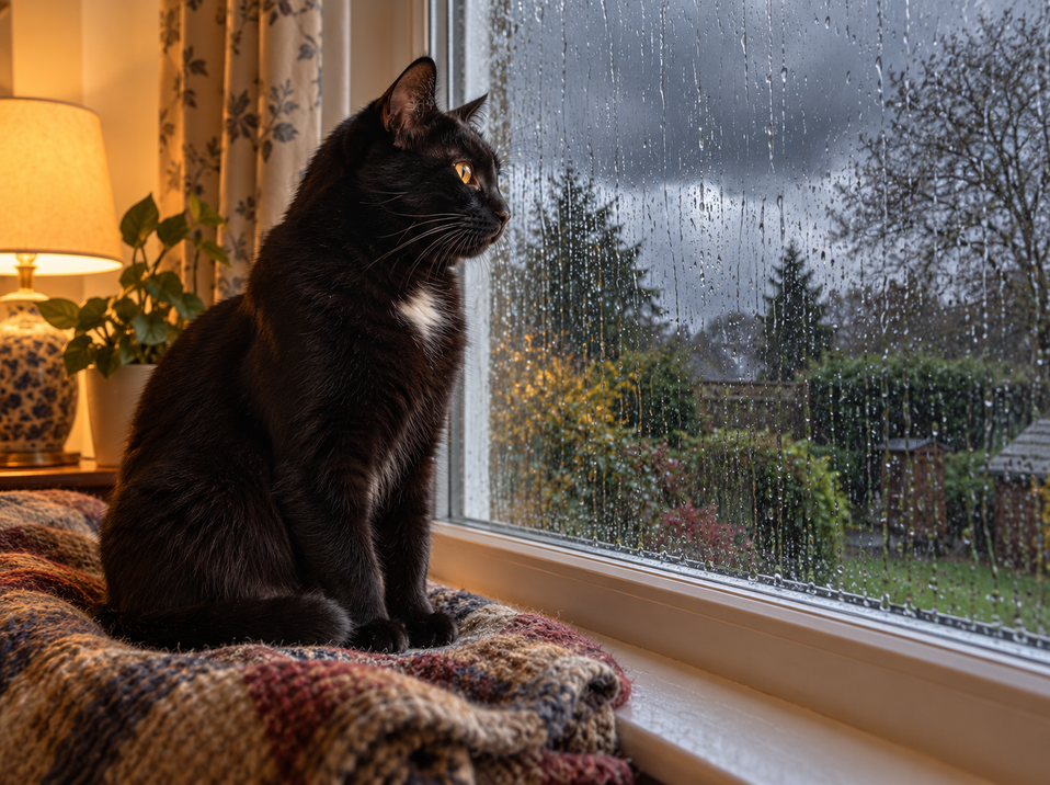 Tac, a small black short-haired cat with amber eyes and a small white chest patch, sits on a folded blanket on a lamplit windowsill, watching rain stream down the glass over a grey garden outside.